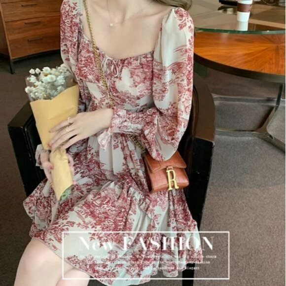 BEIGE FRENCH VINTAGE FLORAL DRESS - Picture 12 of 16